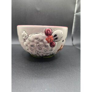Hand-Painted Sheep Ceramic Bowl By Emerald 5"  Yarn Bowl Pink Rim Swirl Pattern